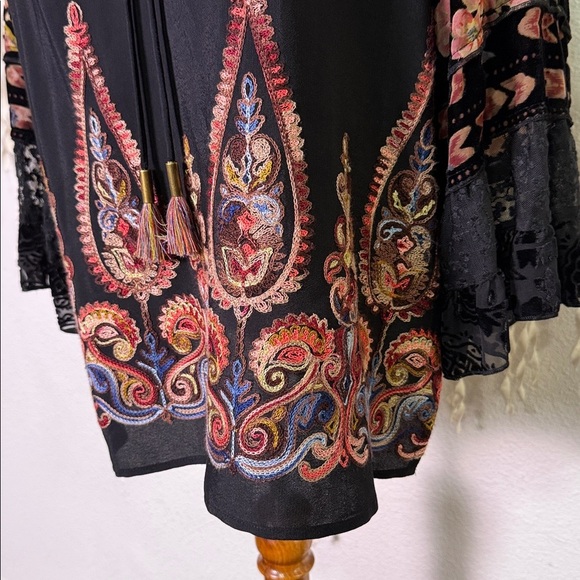 John Mark Burnout Floral Velvet Split Neck Long Sleeve Boho Embroidered Blouse M - Picture 7 of 10